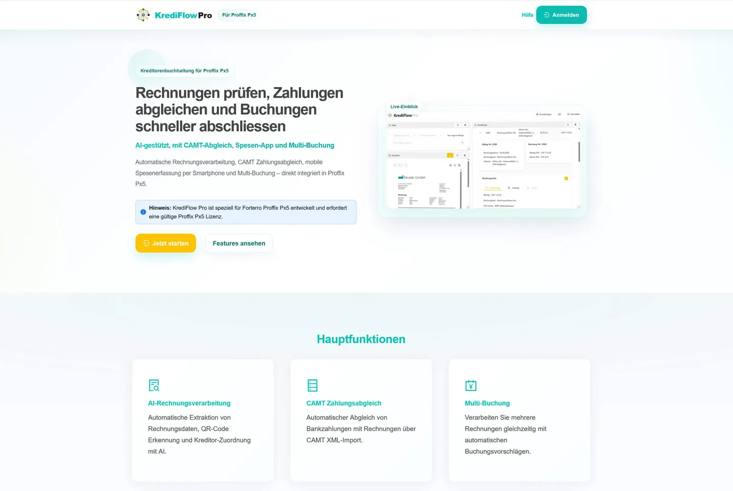 Dashboard-Mockup von KrediFlow Pro mit Belegübersicht