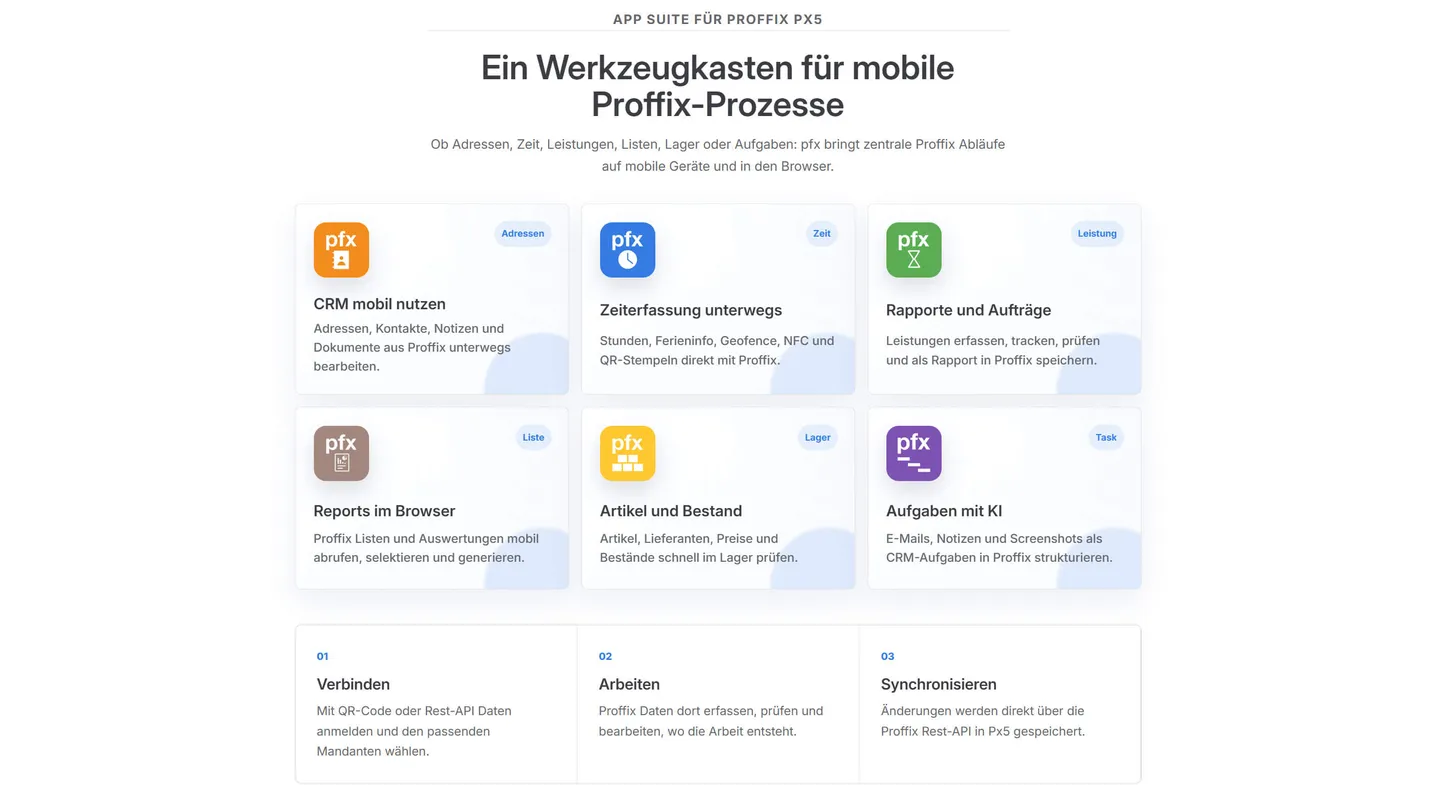 Smartphone-Mockup der pfx App mit Proffix-Daten